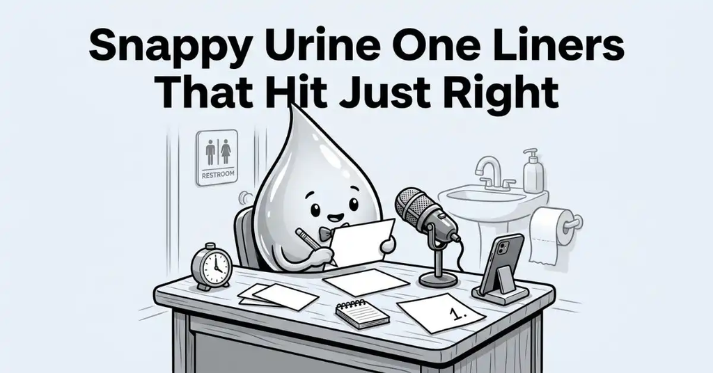 Close-up black and white illustration of a cute cartoon water droplet seated at a desk with a vintage microphone and notepad, titled "Snappy Urine One Liners That Hit Just Right