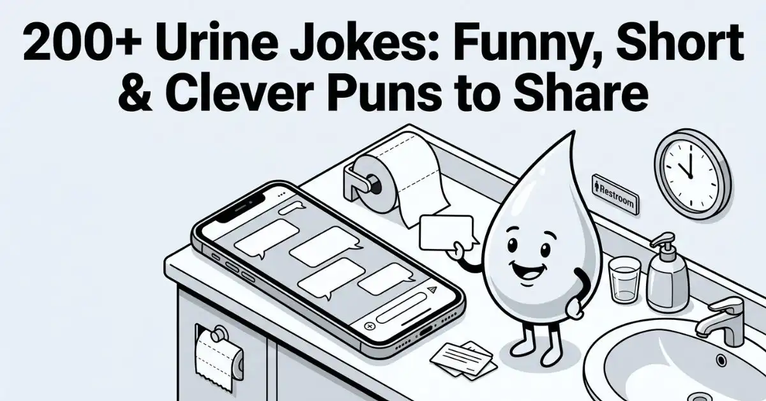 Grayscale editorial illustration of a bathroom counter with a smartphone displaying blank text bubbles beside a friendly cartoon water droplet character holding a card, titled "200+ Urine Jokes: Funny, Short & Clever Puns to Share