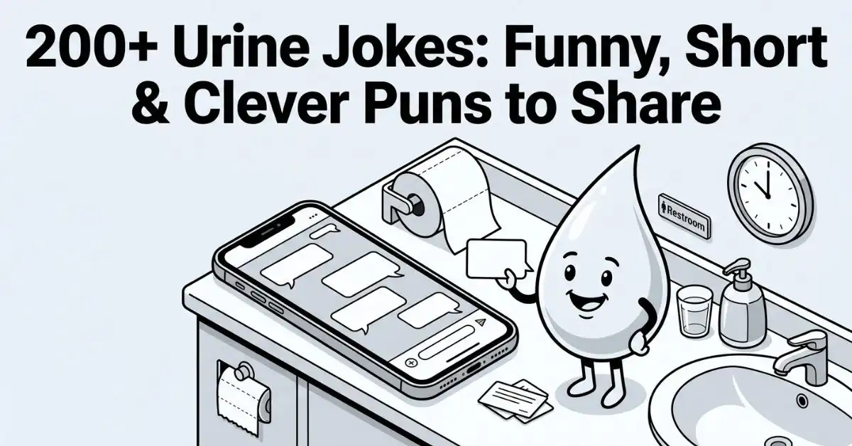 Grayscale editorial illustration of a bathroom counter with a smartphone displaying blank text bubbles beside a friendly cartoon water droplet character holding a card, titled "200+ Urine Jokes: Funny, Short & Clever Puns to Share