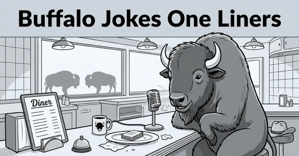 Grayscale diner scene illustration showing a buffalo sitting at the counter next to a vintage microphone, viewed from behind the counter with the title "Buffalo Jokes One Liners