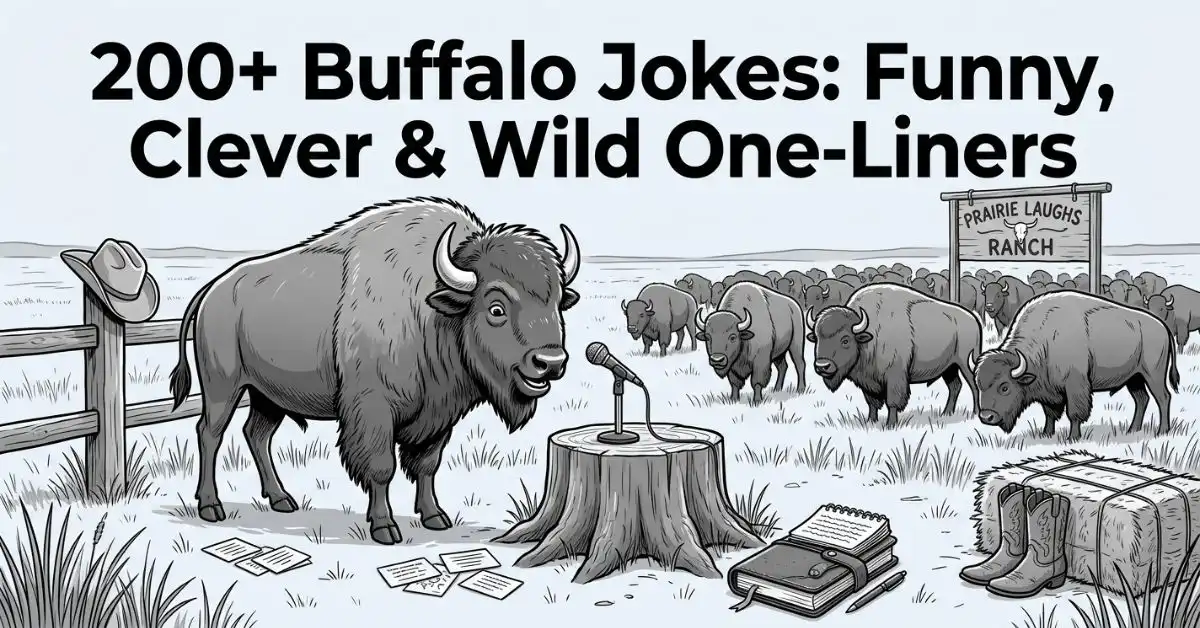 Wide-angle black and white illustration of a buffalo standing at a tree-stump microphone delivering jokes on a ranch prairie in front of a buffalo herd audience, titled "200+ Buffalo Jokes: Funny, Clever & Wild One-Liners