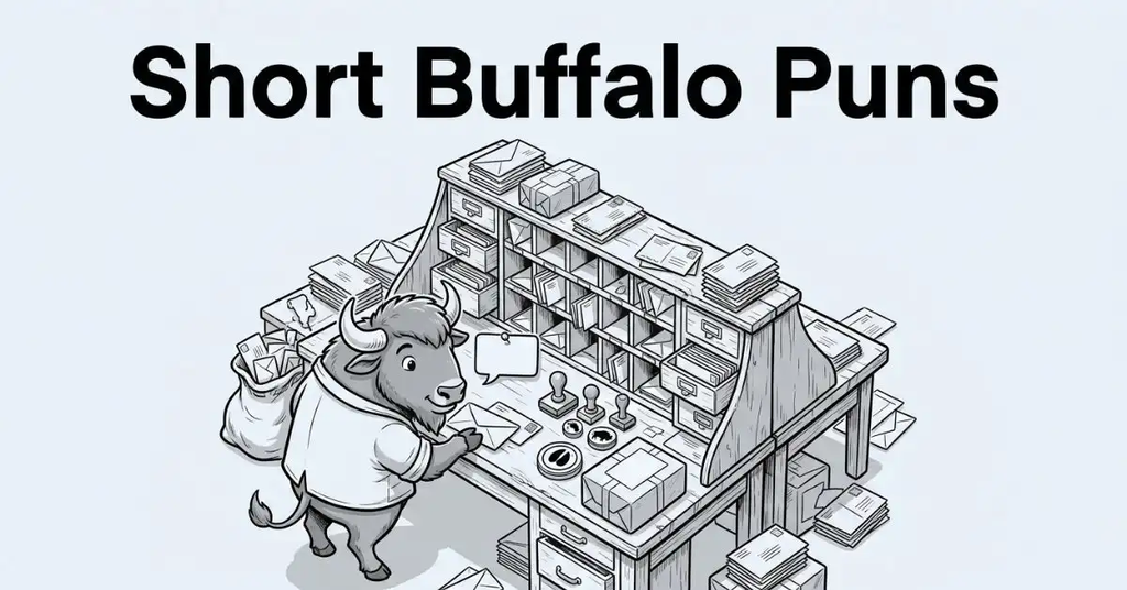 Grayscale isometric illustration of a friendly cartoon buffalo working in a vintage mailroom. The buffalo stands next to a sorting desk filled with mail slots, envelopes, mailbags, rubber stamps, and a blank speech bubble note card, under the large header "Short Buffalo Puns".