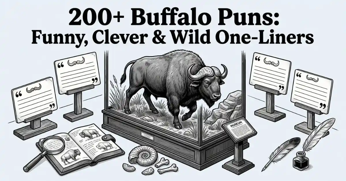 Black and white editorial illustration of a vintage natural history museum exhibit featuring a detailed buffalo display inside a glass case. The display is surrounded by quotation cards on stands, an open field notebook, a magnifying glass, fossils, feathers, an inkwell, and a museum info stand with the title "200+ Buffalo Puns: Funny, Clever & Wild One-Liners" at the top.