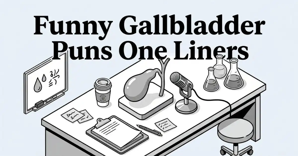 Top-down diagonal grayscale illustration of a medical lab workstation featuring a simplified gallbladder model next to a desktop microphone. Surrounding objects include a coffee cup, lab beakers, clipboard, notes, and a small whiteboard with bile droplet diagrams, set beneath the title "Funny Gallbladder Puns One Liners".