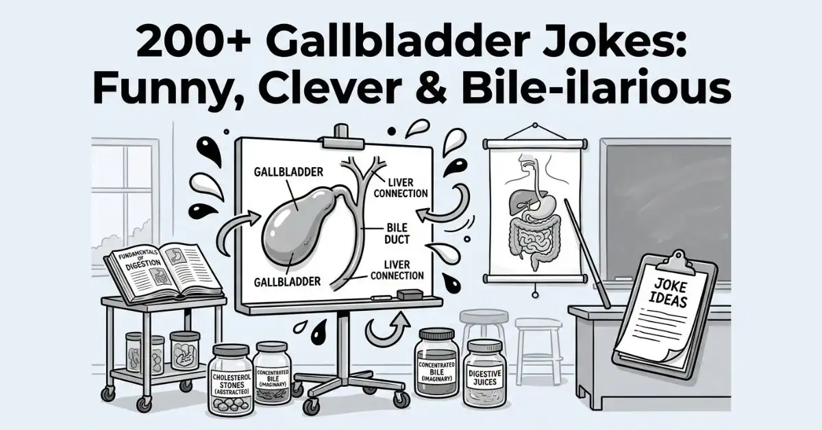 Black and white educational classroom scene showing a large gallbladder diagram on a mobile whiteboard presentation stand. The setup includes an anatomy poster, medical textbook on a rolling cart, specimen jars with labels, and a clipboard, underneath the header "200+ Gallbladder Jokes: Funny, Clever & Bile-ilarious".