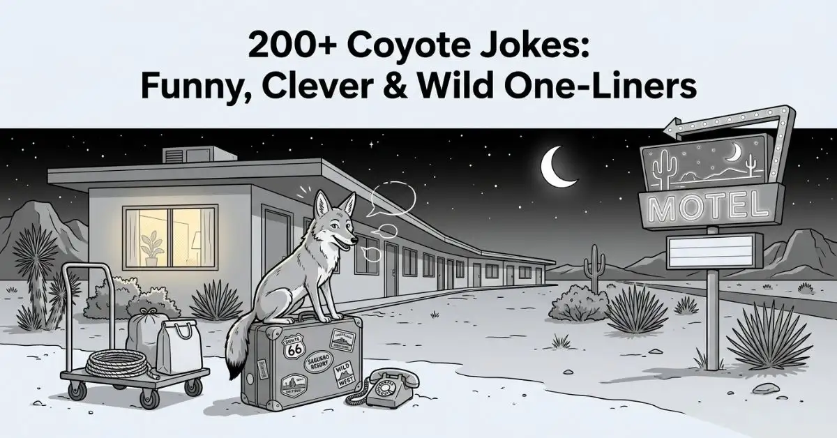 Wide cinematic grayscale illustration of a coyote sitting on a vintage suitcase outside a desert roadside motel at night. Beside the coyote is a vintage rotary phone, a luggage cart, desert flora, a crescent moon, and a glowing motel sign, under the title "200+ Coyote Jokes: Funny, Clever & Wild One-Liners".