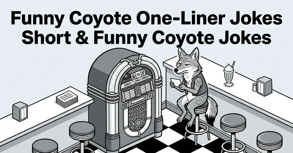 High-angle grayscale editorial illustration of a coyote sitting on a stool inside a classic diner jukebox corner. The coyote holds a small note card while sitting next to a vintage jukebox, counter stool, milkshake, and joke card stacks, beneath the title "Funny Coyote One-Liner Jokes Short & Funny Coyote Jokes".