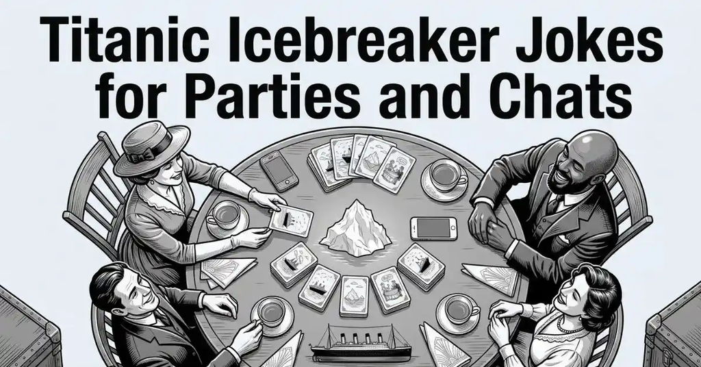 Overhead view illustration of diverse adults sitting around a circular table playing a card game with a mini iceberg centerpiece.
Top-down grayscale line art of friends enjoying an icebreaker card game in a vintage party lounge setting.
Editorial line art image with headline text "Titanic Icebreaker Jokes for Parties and Chats