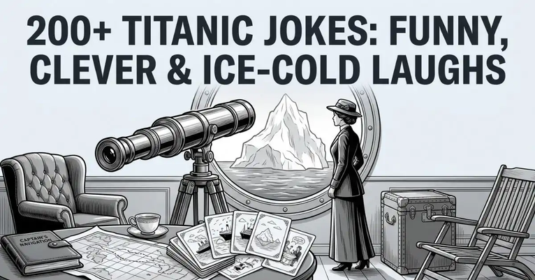 Editorial black-and-white illustration of an elegant passenger staring at an iceberg through a circular porthole in a vintage ocean liner lounge. Monochromatic artwork featuring a brass telescope, navigation map, and iceberg view. Grayscale blog cover image featuring the bold headline "200+ Titanic Jokes: Funny, Clever & Ice-Cold Laughs