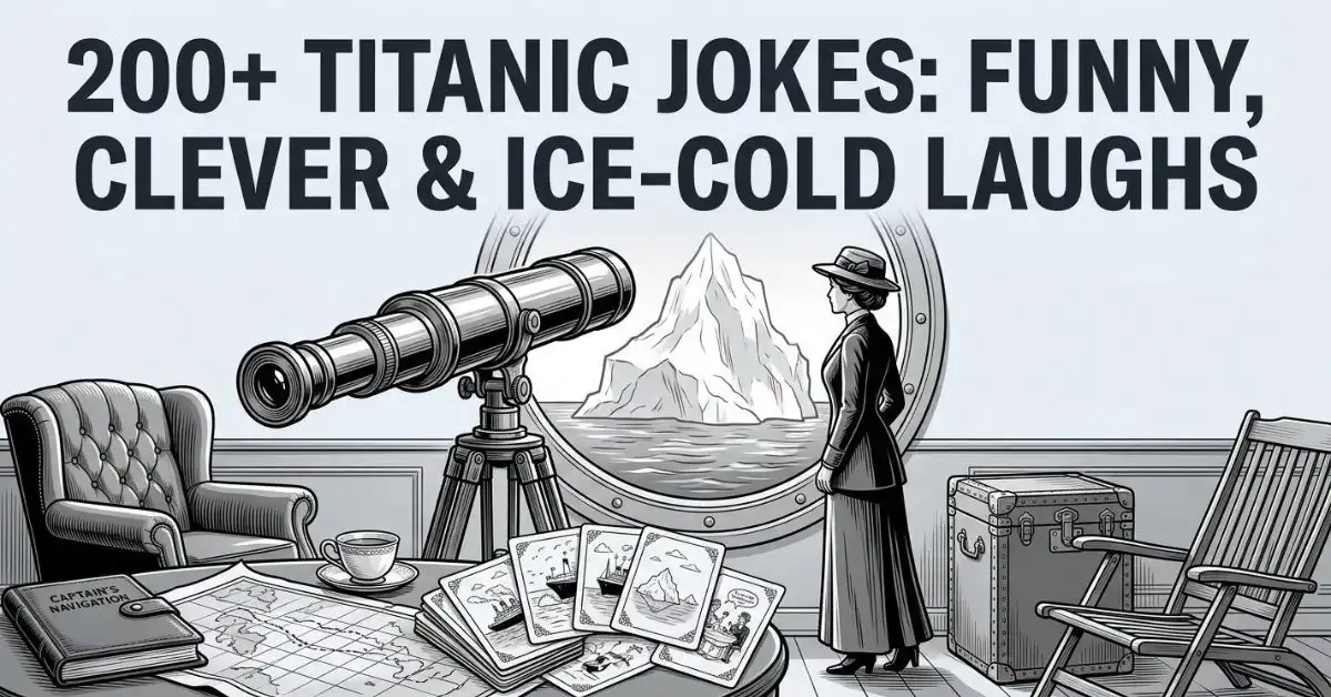 Editorial black-and-white illustration of an elegant passenger staring at an iceberg through a circular porthole in a vintage ocean liner lounge. Monochromatic artwork featuring a brass telescope, navigation map, and iceberg view. Grayscale blog cover image featuring the bold headline "200+ Titanic Jokes: Funny, Clever & Ice-Cold Laughs