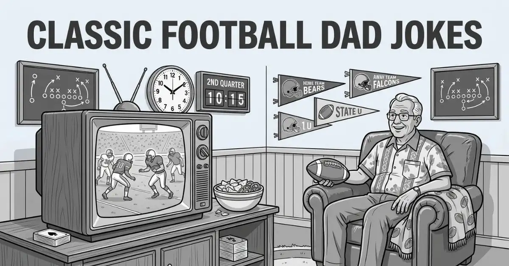 Retro living room illustration showing a dad sitting in an armchair with a football remote watching a vintage TV.
Black and white line art decorated with vintage football pennants, play diagrams, and a scoreboard clock.
Cozy nostalgic corner view featuring the bold title "Classic Football Dad Jokes