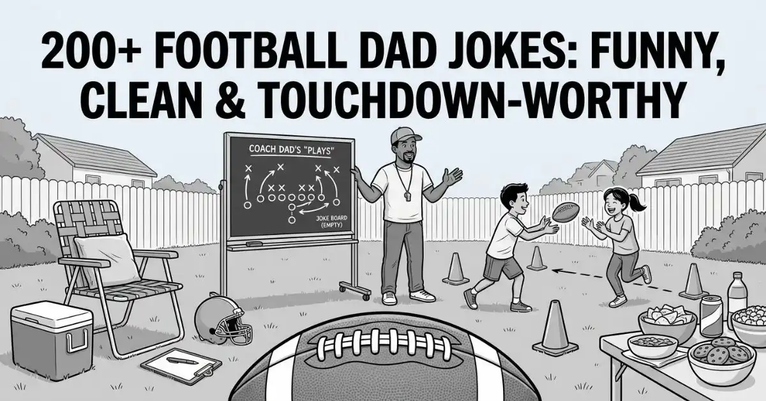 Ground-level view illustration of a football with a dad coach and kids practicing plays in a suburban backyard. Grayscale editorial line art of a dad with a whistle standing beside a strategy chalkboard diagram. Family-friendly backyard football scene artwork with headline "200+ Football Dad Jokes: Funny, Clean & Touchdown-Worthy