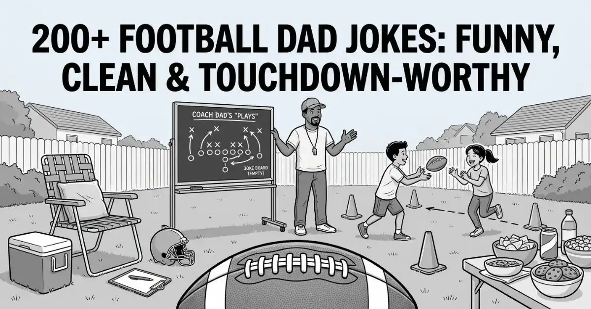 Ground-level view illustration of a football with a dad coach and kids practicing plays in a suburban backyard. Grayscale editorial line art of a dad with a whistle standing beside a strategy chalkboard diagram. Family-friendly backyard football scene artwork with headline "200+ Football Dad Jokes: Funny, Clean & Touchdown-Worthy