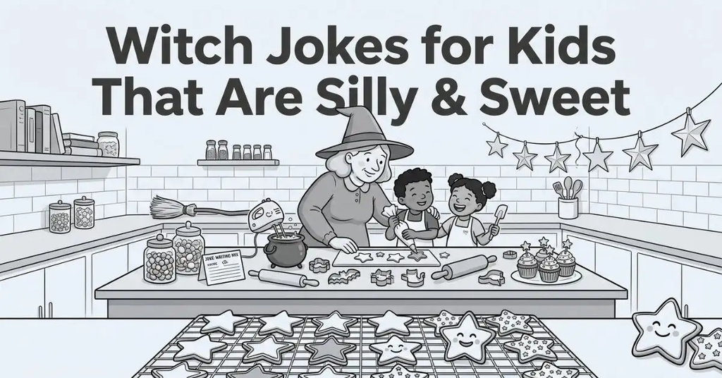 Front-facing illustration of a friendly cartoon witch helping children decorate star-shaped cookies in a kitchen.
Whimsical baking workshop scene with cupcakes, candy jars, and a tiny bubbling cauldron bowl.
Black and white family-friendly baking image with title "Witch Jokes for Kids That Are Silly & Sweet