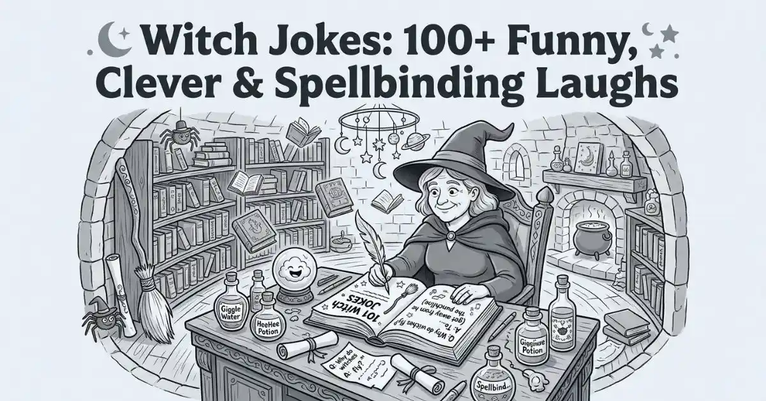 Overhead view illustration of a friendly witch writing jokes in a spellbook inside a cozy tower library. Monochromatic fantasy artwork with floating books, potion bottles, a crystal ball, and a broomstick. Whimsical stone tower library scene featuring the headline "Witch Jokes: 100+ Funny, Clever & Spellbinding Laughs