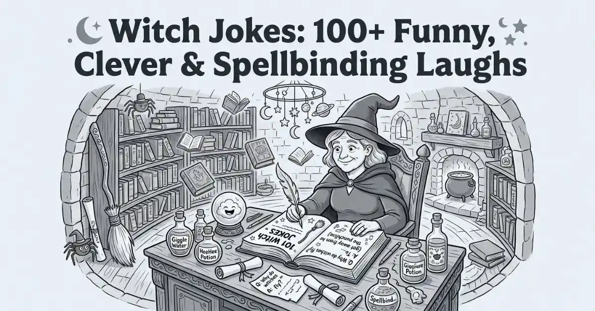 Overhead view illustration of a friendly witch writing jokes in a spellbook inside a cozy tower library. Monochromatic fantasy artwork with floating books, potion bottles, a crystal ball, and a broomstick. Whimsical stone tower library scene featuring the headline "Witch Jokes: 100+ Funny, Clever & Spellbinding Laughs
