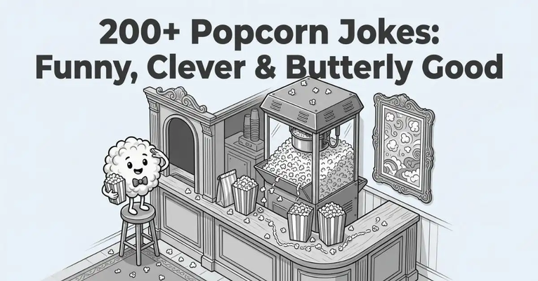 High-angle diagonal illustration of a vintage movie theater ticket booth with an overflowing popcorn machine and mascot. Monochromatic artwork featuring a cinema concession counter, popcorn buckets, and scattered kernels. Playful editorial line art image with title "200+ Popcorn Jokes: Funny, Clever & Butterly Good
