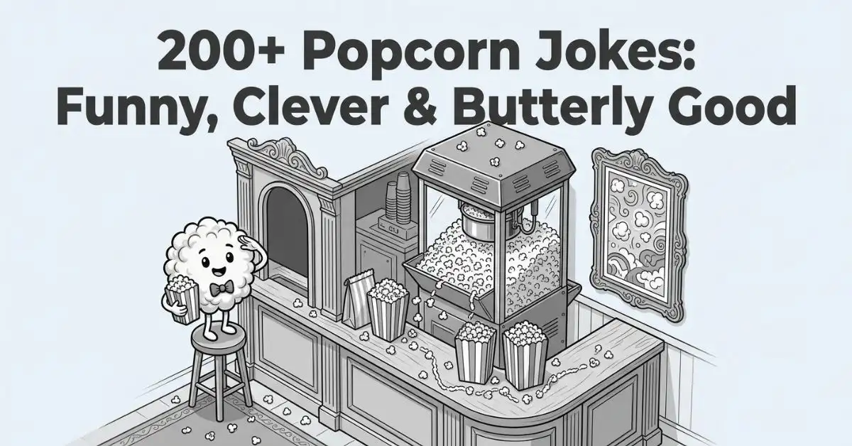 High-angle diagonal illustration of a vintage movie theater ticket booth with an overflowing popcorn machine and mascot. Monochromatic artwork featuring a cinema concession counter, popcorn buckets, and scattered kernels. Playful editorial line art image with title "200+ Popcorn Jokes: Funny, Clever & Butterly Good