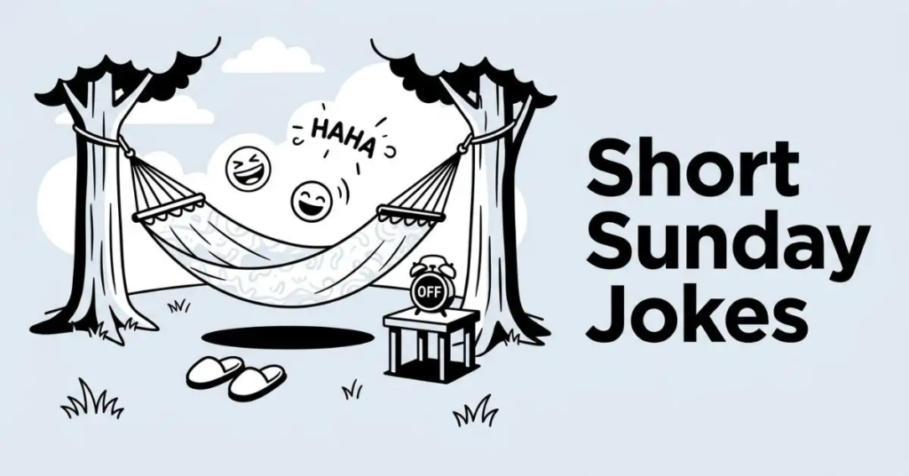 A black and white vector illustration on a light grey background (#EDF2F7) depicting a cozy hammock tied between two trees, slippers on the ground, an alarm clock set to "OFF", and floating "HAHA" speech bubbles. The exact title "Short Sunday Jokes" is written on the right in bold black font.