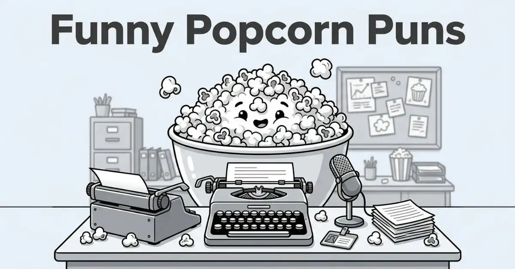 Side-on editorial illustration of a newsroom desk with a vintage typewriter, microphone, and a smiling popcorn mascot.
Grayscale journalist desk scene featuring a press badge, scattered paper, and giant popcorn bowl character.
Clean blog header image with the headline "Funny Popcorn Puns