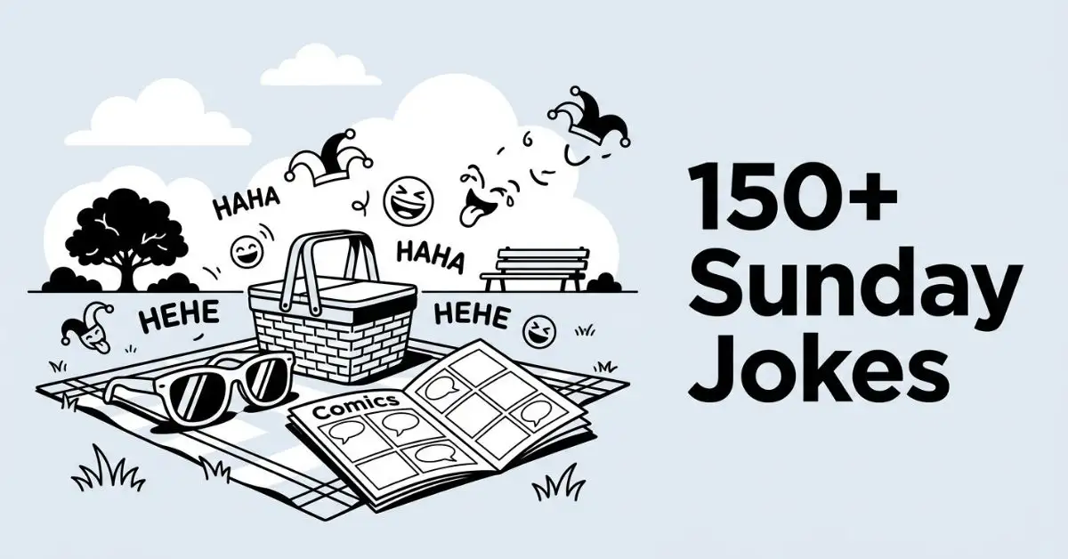A black and white line-art scene set against a light grey background (#EDF2F7) featuring a relaxed picnic blanket with a woven basket, a comic book spread open, sunglasses, and floating laughter symbols. On the right side, the text "150+ Sunday Jokes" is written in bold, clean typography.