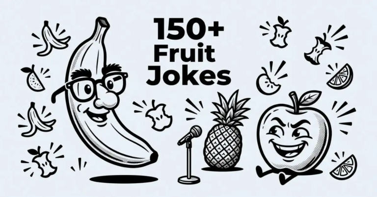 Black and white line art featured image on a light gray (#EDF2F7) background for "150+ Fruit Jokes". Features a playful cartoon banana wearing comedy glasses, a pineapple standing near a small stage microphone, and a mischievous apple sitting alongside floating laughter and fruit symbols.