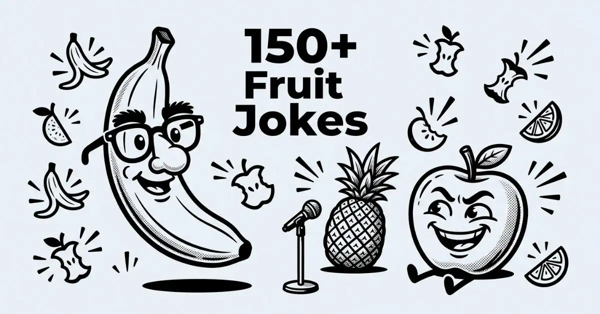 Black and white line art featured image on a light gray (#EDF2F7) background for "150+ Fruit Jokes". Features a playful cartoon banana wearing comedy glasses, a pineapple standing near a small stage microphone, and a mischievous apple sitting alongside floating laughter and fruit symbols.