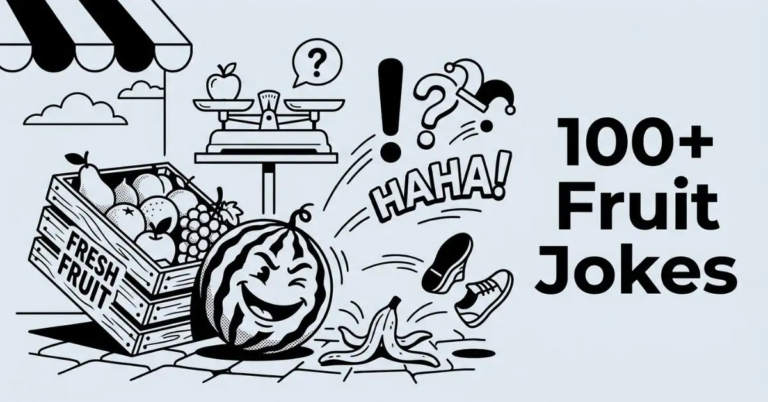 A black and white comedy scene set on a light grey background (#EDF2F7) featuring a tilted wooden fruit crate, a smiling watermelon, a banana peel slip, a fruit scale, and bouncing jester hats with "HAHA!" text. On the right, the bold title reads "100+ Fruit Jokes".