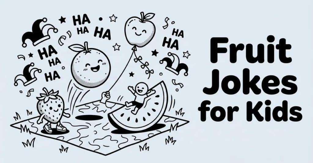 A playful black and white illustration for children on a light grey background (#EDF2F7) featuring a bouncing orange, an apple-shaped balloon, a strawberry in sneakers, and a child sliding down a watermelon slice. The text "Fruit Jokes for Kids" appears in bold, rounded typography on the right.