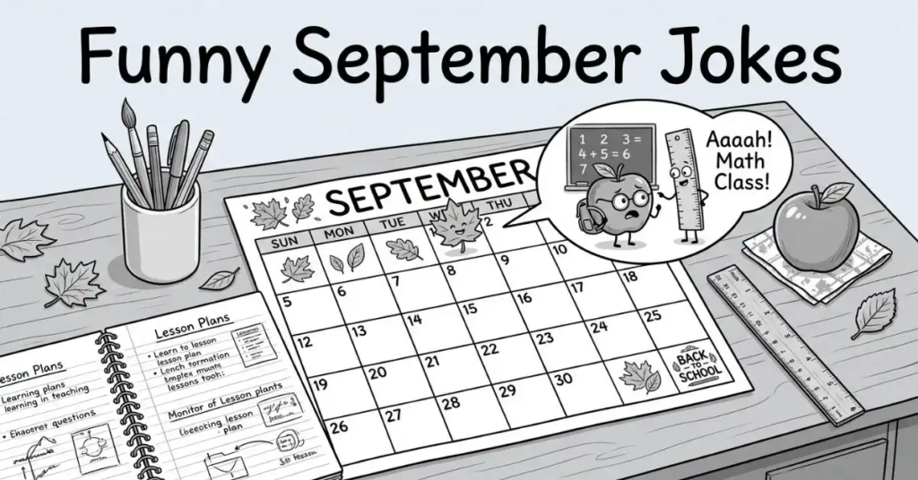 Monochrome top-down illustration of a teacher’s desk. In the center, a September calendar features a speech bubble with an apple wearing a cap getting frightened by a ruler in front of a chalkboard. Surrounding the calendar are open lesson plan notebooks, a pencil cup, a whole apple on a napkin, a ruler, and scattered autumn leaves beneath the large title "Funny September Jokes".