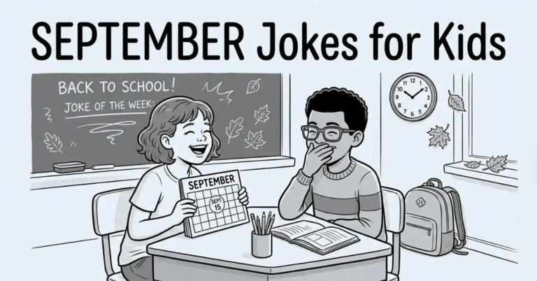 Crisp black-and-white editorial illustration of two school children sitting at a classroom desk. One student holds a calendar page showing September 15, while the other laughs with a hand over their mouth. A chalkboard displaying "Back to School! Joke of the Week", a wall clock pointing to 10:10, a backpack by a window, a pencil holder, and scattered autumn leaves fill the background under the title "SEPTEMBER Jokes for Kids".