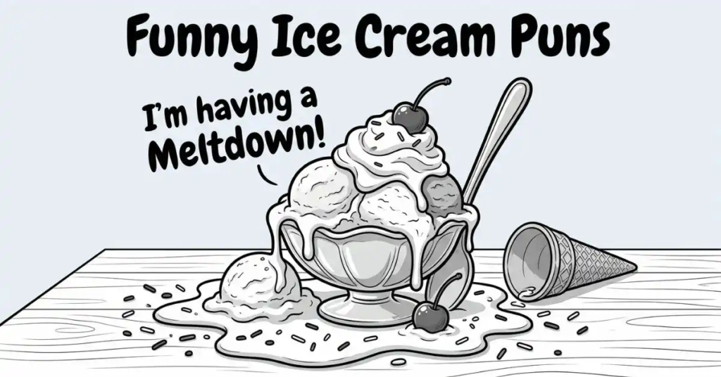 Low-angle grayscale illustration of a giant melting ice cream sundae overflowing its glass bowl onto a wooden tabletop. The dessert features a speech bubble saying "I'm having a Meltdown!", with a spoon leaning inside, a tipped-over waffle cone, extra cherries, and scattered sprinkles around it under the title "Funny Ice Cream Puns.