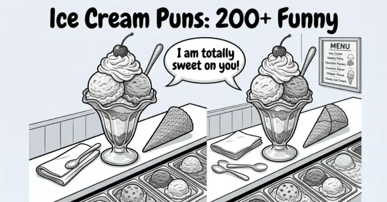 Detailed monochrome editorial line art showing a dual-side perspective of an ice cream parlor counter. Prominently featured is a huge sundae in a glass dish topped with whipped cream and a cherry, accompanied by a speech bubble reading "I am totally sweet on you!". A waffle cone, folded napkin, spoons, and a ice cream tray menu complete the scene beneath the bold title "Ice Cream Puns: 200+ Funny.