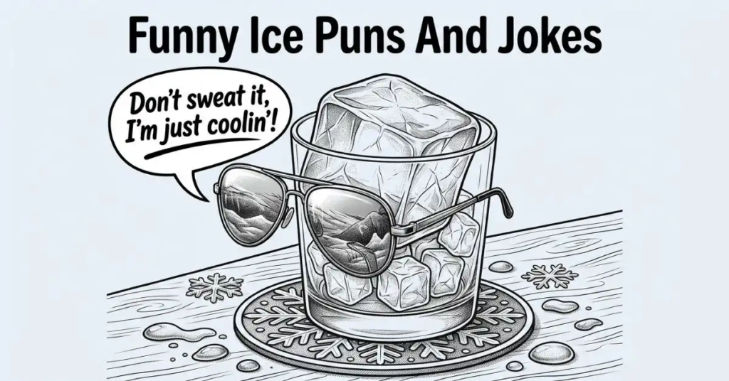 Side-angle monochrome editorial artwork showing a glass filled with ice cubes on a wooden tabletop, with an oversized top ice cube wearing sunglasses leaning out of the glass. A speech bubble reads "Don't sweat it, I'm just coolin'!", and the glass rests on a snowflake-patterned coaster with melting water droplets under the header "Funny Ice Puns And Jokes.