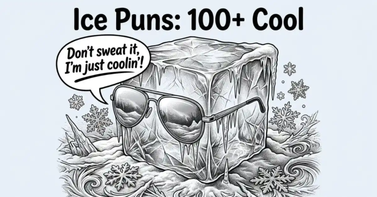 Close-up detailed grayscale illustration of a giant ice cube wearing classic aviator sunglasses, sitting on a frozen surface. Icicles, swirling frost patterns, and detailed snowflakes surround the cube, accompanied by a speech bubble saying "Don't sweat it, I'm just coolin'!" below the text "Ice Puns: 100+ Cool".