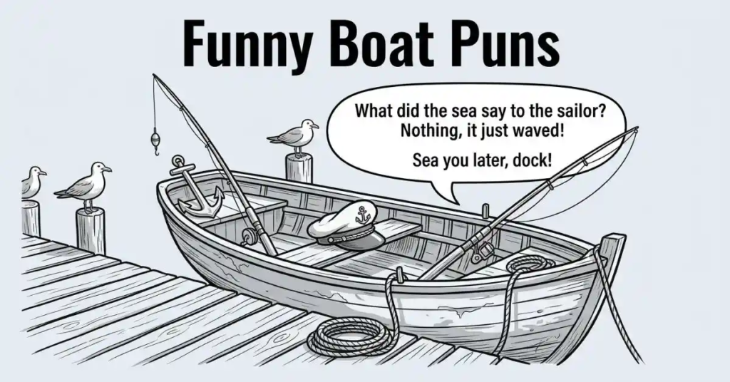 Close three-quarter monochrome line art showing a small wooden fishing boat pulled up beside a wooden dock. Inside the boat are two fishing rods, an anchor, a coiled rope, and a captain's hat on the seat. Seagulls perch on wooden posts, and a speech bubble above the boat displays a nautical dad joke under the header "Funny Boat Puns.