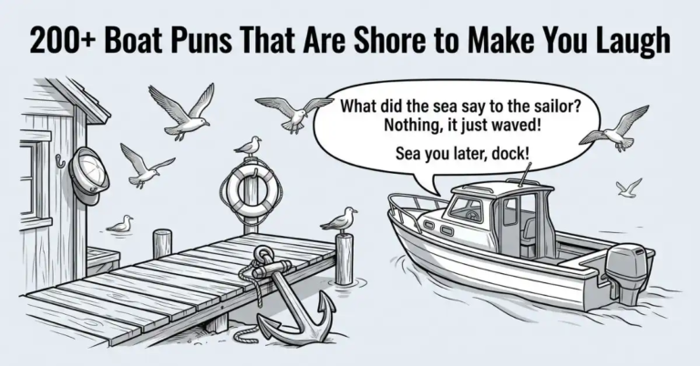 Wide cinematic grayscale illustration of a small motorboat cruising past a wooden pier. A captain's hat hangs on a nearby boathouse wall, an anchor rests on the dock, and a life ring sits on a post surrounded by flying seagulls. A speech bubble over the boat reads "What did the sea say to the sailor? Nothing, it just waved! Sea you later, dock!" beneath the large title "200+ Boat Puns That Are Shore to Make You Laugh.