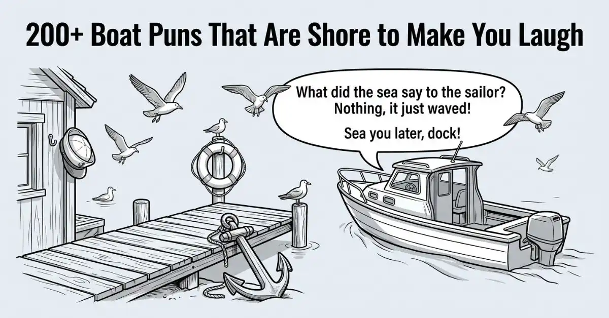 Wide cinematic grayscale illustration of a small motorboat cruising past a wooden pier. A captain's hat hangs on a nearby boathouse wall, an anchor rests on the dock, and a life ring sits on a post surrounded by flying seagulls. A speech bubble over the boat reads "What did the sea say to the sailor? Nothing, it just waved! Sea you later, dock!" beneath the large title "200+ Boat Puns That Are Shore to Make You Laugh.