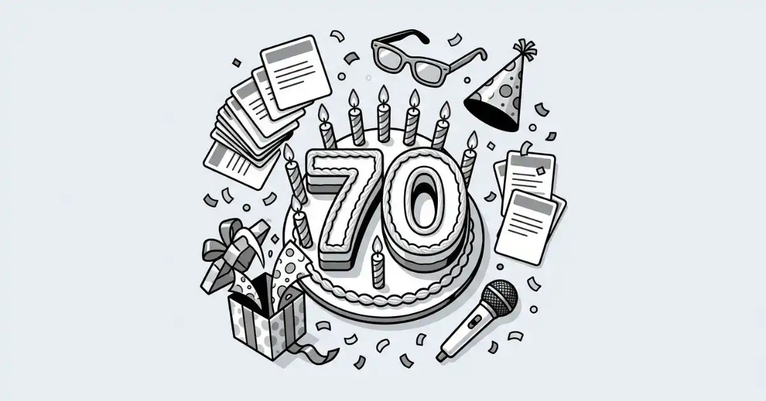 Black and white editorial illustration of a 70th birthday party tabletop scene from a top-down view, featuring a large cake shaped like the number 70, candles, joke cards, a microphone, and party accessories on a light gray background with bold title text.