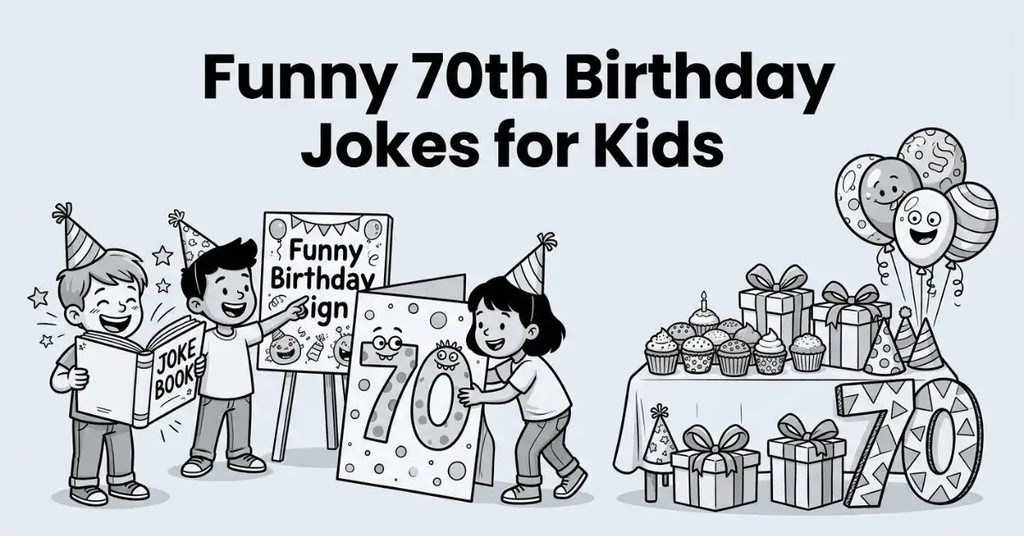 Grayscale cartoon illustration of happy children celebrating at a backyard party with a giant birthday card, joke book, and party treats on a table, featuring bold text reading "Funny 70th Birthday Jokes for Kids" on a light gray background.