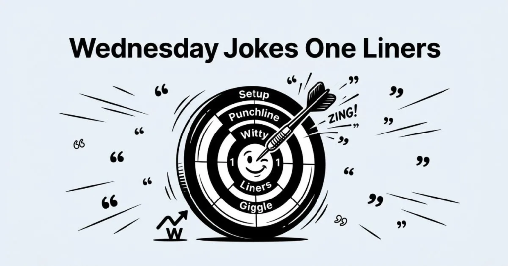 Black and white graphic illustration for "Wednesday Jokes One Liners" featuring a target dartboard with a single dart hitting the bullseye, surrounded by floating quotation marks, motion lines, and a light gray #EDF2F7 backdrop.
