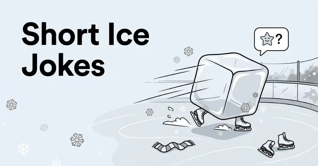 Playful grayscale illustration of an oversized ice cube wearing ice skates and gliding across a frozen rink with motion lines, featuring the title "Short Ice Jokes" in bold black text on a clean light gray background.