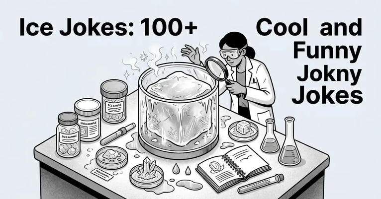 Grayscale illustration of a scientist in a lab coat examining a giant ice cube inside a glass container with a magnifying glass, surrounded by lab equipment and the title "Ice Jokes: 100+ Cool and Funny Jokes" in bold typography.