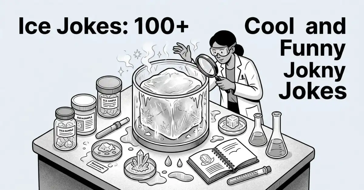 Grayscale illustration of a scientist in a lab coat examining a giant ice cube inside a glass container with a magnifying glass, surrounded by lab equipment and the title "Ice Jokes: 100+ Cool and Funny Jokes" in bold typography.
