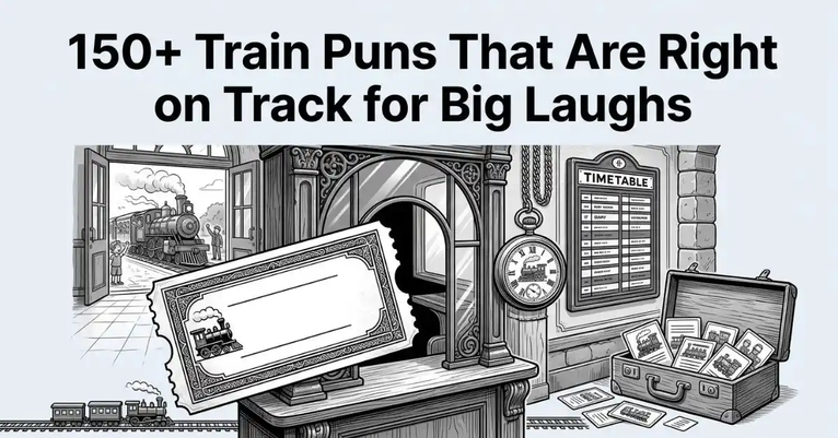 Detailed grayscale illustration looking out from a vintage train station ticket booth towards an arriving locomotive, featuring a large ticket in the foreground and the title "150+ Train Puns That Are Right on Track for Big Laughs" across the top.