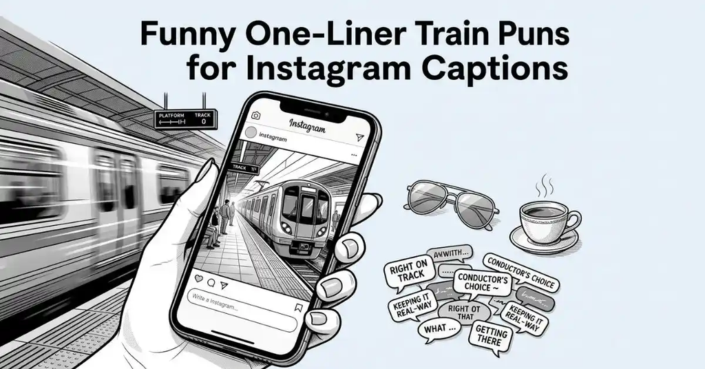 Modern grayscale illustration of a hand holding a smartphone showing a train photo on the screen against a background of a train platform, with caption speech bubbles and the bold title "Funny One-Liner Train Puns for Instagram Captions".