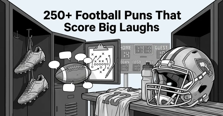 Grayscale locker room view from inside an open sports locker displaying a helmet, cleats, clipboard, and a football with speech bubbles, framed by the title "250+ Football Puns That Score Big Laughs" at the top.