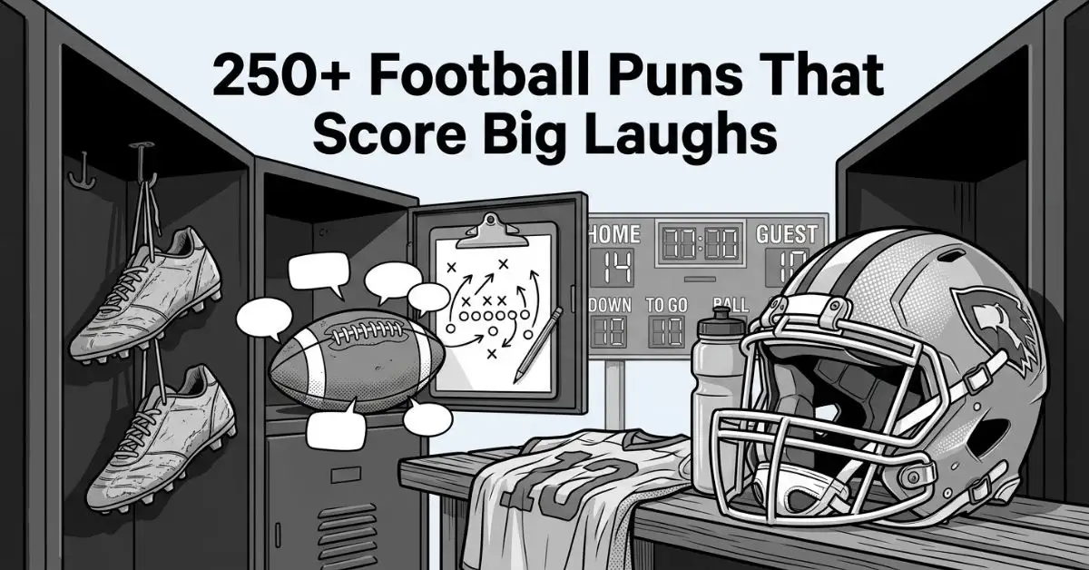 Grayscale locker room view from inside an open sports locker displaying a helmet, cleats, clipboard, and a football with speech bubbles, framed by the title "250+ Football Puns That Score Big Laughs" at the top.