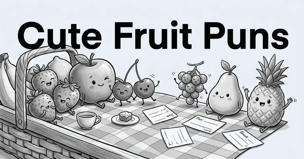 A close-up grayscale illustration of a wholesome fruit picnic scene featuring adorable fruit characters—strawberries, apple, cherries, grapes, pear, and pineapple—with cute faces sitting on a checkered blanket with tiny teacups and blank pun cards, below the title "Cute Fruit Puns.