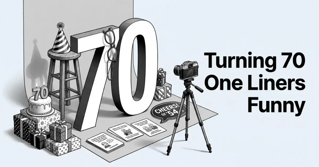 A diagonal three-quarter grayscale view of a photo booth setup featuring a large freestanding number 70 with reading glasses hanging from it, a birthday hat on a stool, a camera on a tripod, a small cake, and gift boxes, next to the bold title "Turning 70 One Liners Funny.